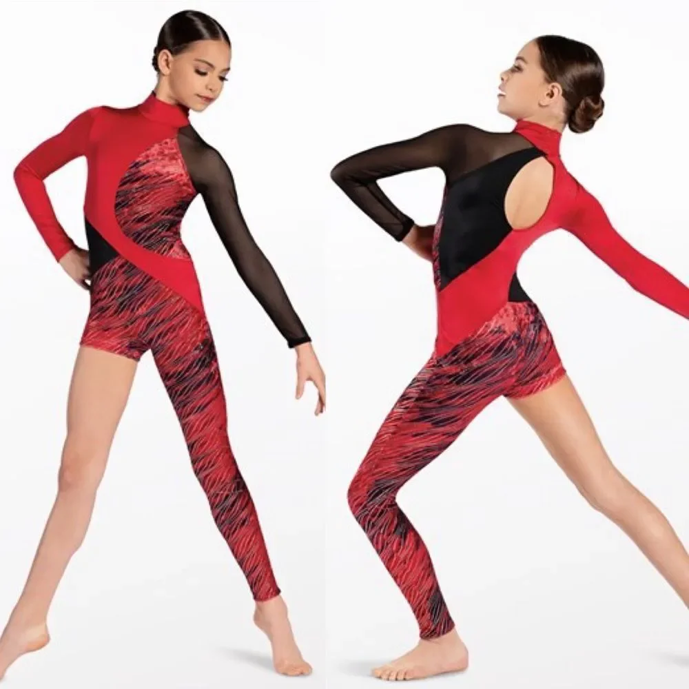 WEISSMAN Dance Costume Red velvet one leg unitard Elements 12687 LC-large child